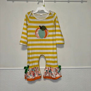 Baby Girl Yellow White Striped Pumpkin Floral Ruffle Bodysuit 12 Months Size 80